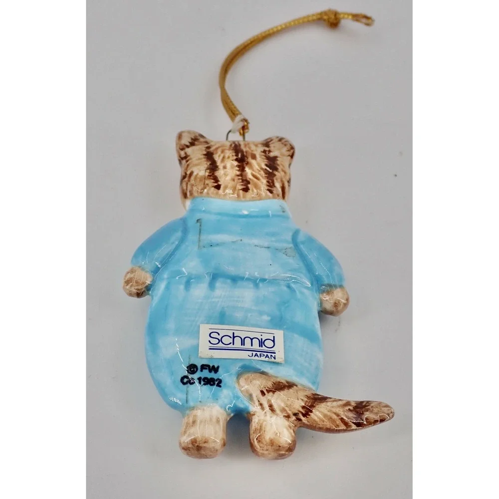 Vintage Ornament Schmid Porcelain Tan Kitten with Blue Clothing 1982